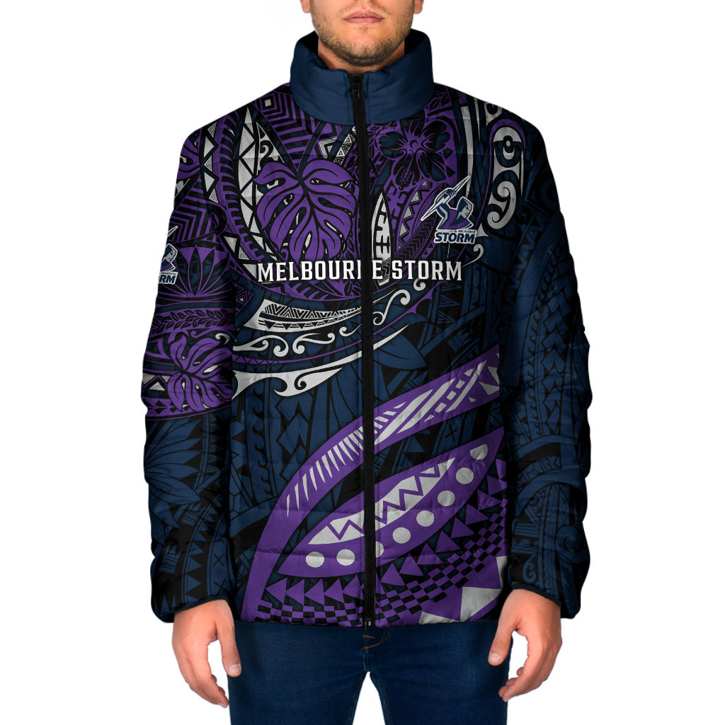 Personalised Melbourne Storm Padded Jacket Polynesian Tribal Art Style With Cyborg Storm Mascot