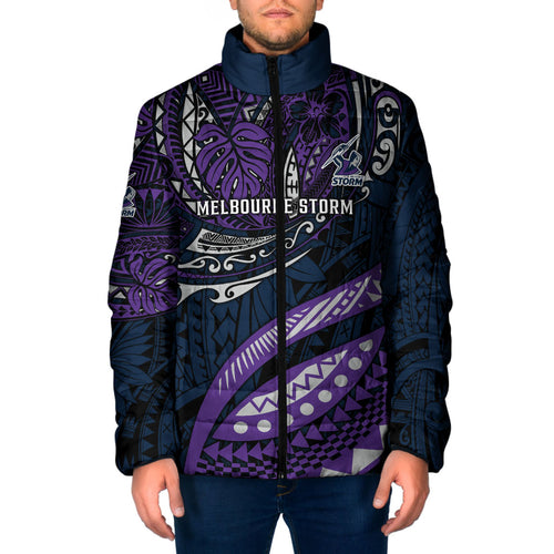 Personalised Melbourne Storm Padded Jacket Polynesian Tribal Art Style With Cyborg Storm Mascot