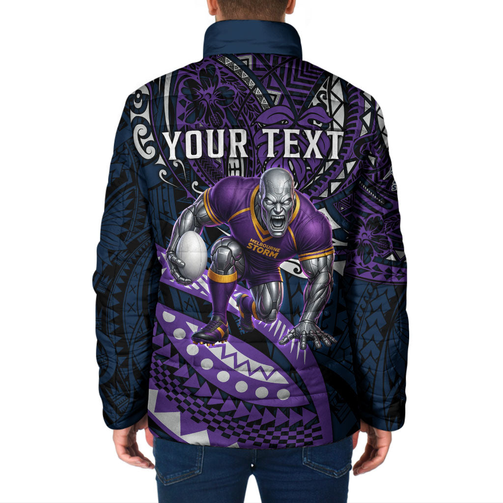 Personalised Melbourne Storm Padded Jacket Polynesian Tribal Art Style With Cyborg Storm Mascot