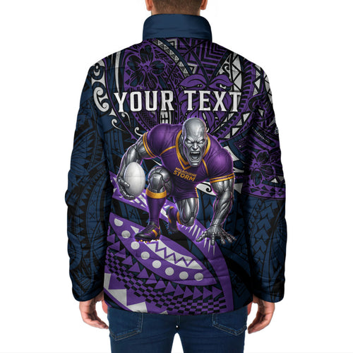 Personalised Melbourne Storm Padded Jacket Polynesian Tribal Art Style With Cyborg Storm Mascot