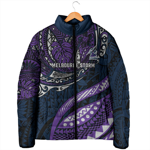 Personalised Melbourne Storm Padded Jacket Polynesian Tribal Art Style With Cyborg Storm Mascot