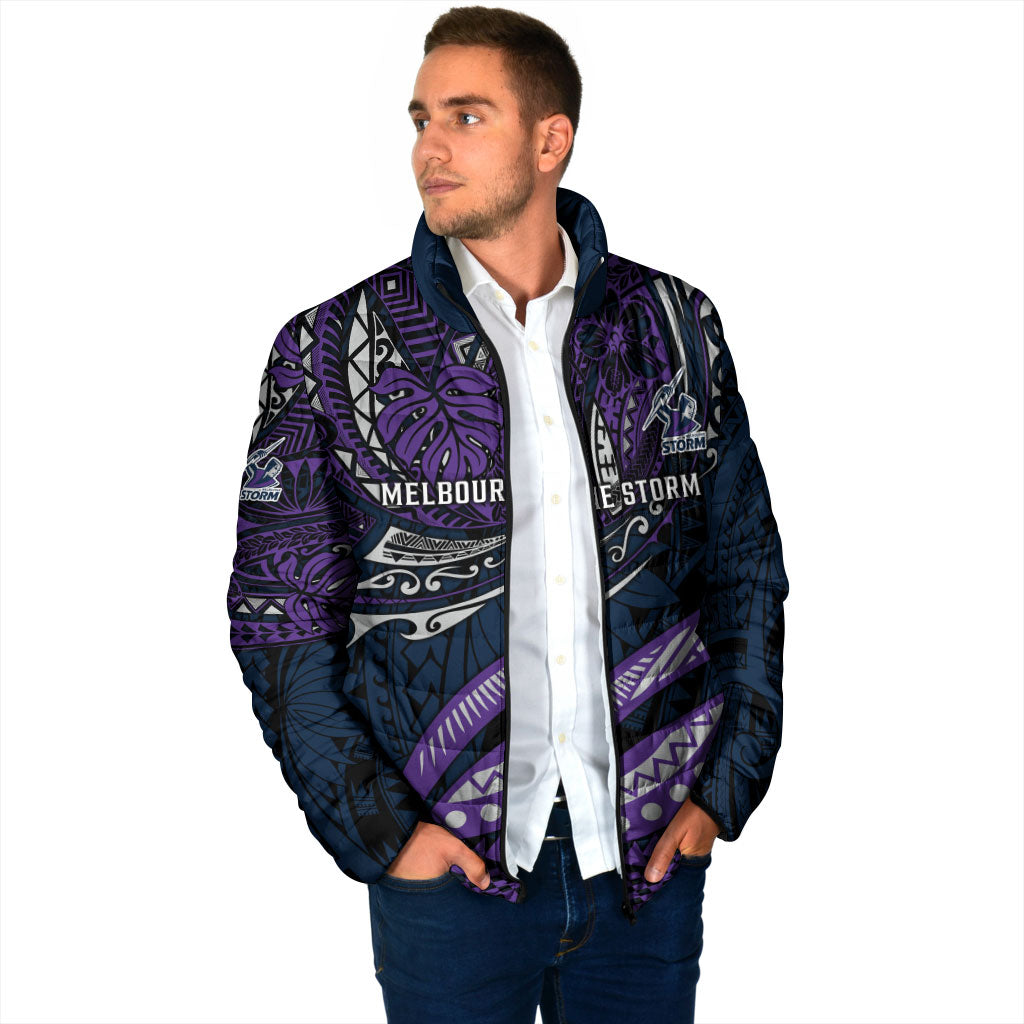 Personalised Melbourne Storm Padded Jacket Polynesian Tribal Art Style With Cyborg Storm Mascot