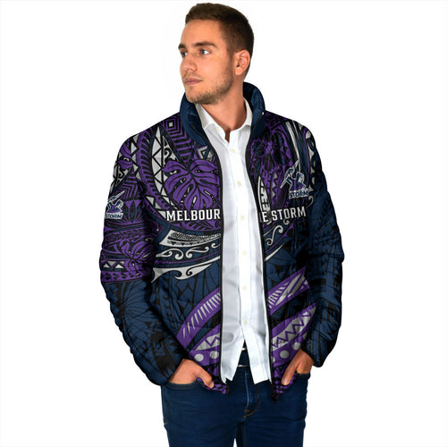 Personalised Melbourne Storm Padded Jacket Polynesian Tribal Art Style With Cyborg Storm Mascot