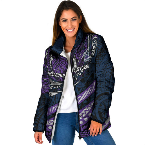 Personalised Melbourne Storm Padded Jacket Polynesian Tribal Art Style With Cyborg Storm Mascot