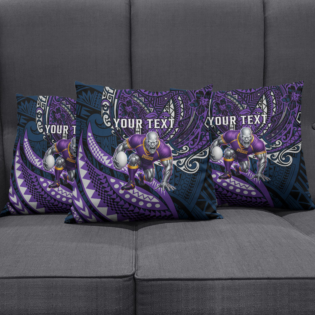 Personalised Melbourne Storm Pillow Cover Polynesian Tribal Art Style With Cyborg Storm Mascot