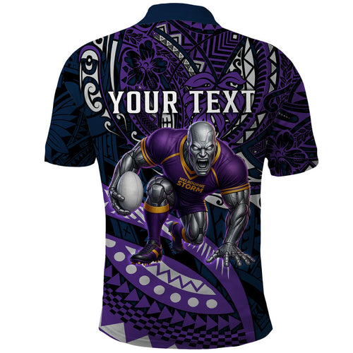 Personalised Melbourne Storm Polo Shirt Polynesian Tribal Art Style With Cyborg Storm Mascot