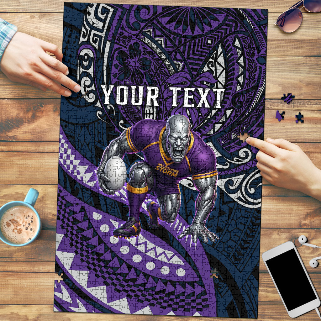 Personalised Melbourne Storm Puzzle Polynesian Tribal Art Style With Cyborg Storm Mascot