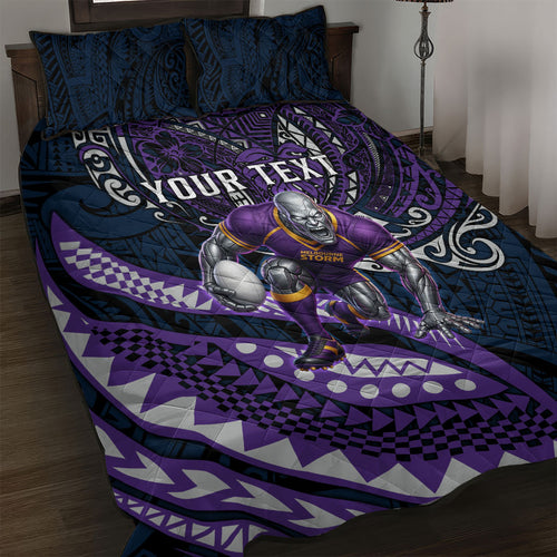 Personalised Melbourne Storm Quilt Bed Set Polynesian Tribal Art Style With Cyborg Storm Mascot