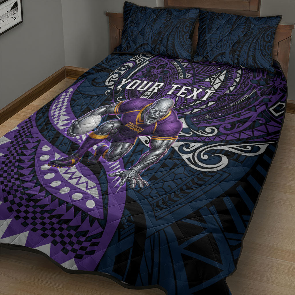 Personalised Melbourne Storm Quilt Bed Set Polynesian Tribal Art Style With Cyborg Storm Mascot