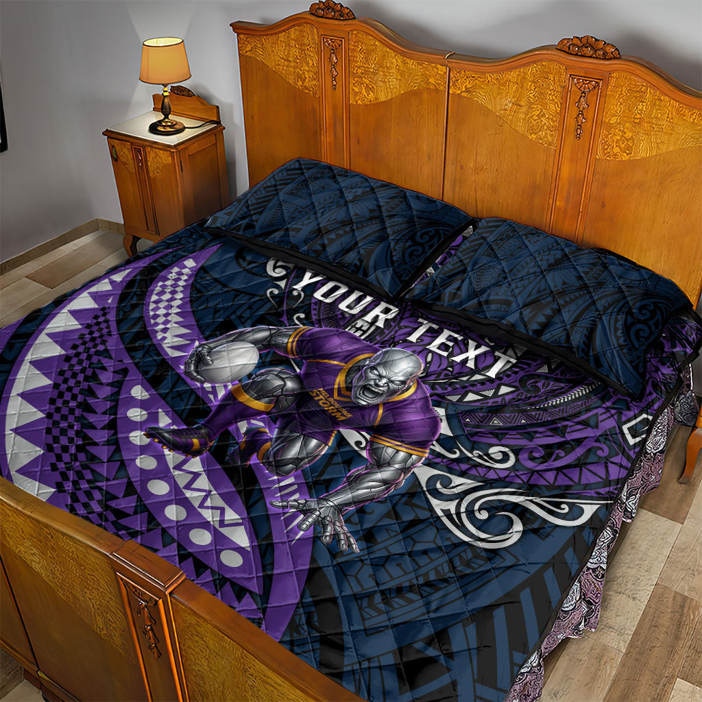 Personalised Melbourne Storm Quilt Bed Set Polynesian Tribal Art Style With Cyborg Storm Mascot