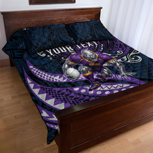 Personalised Melbourne Storm Quilt Bed Set Polynesian Tribal Art Style With Cyborg Storm Mascot