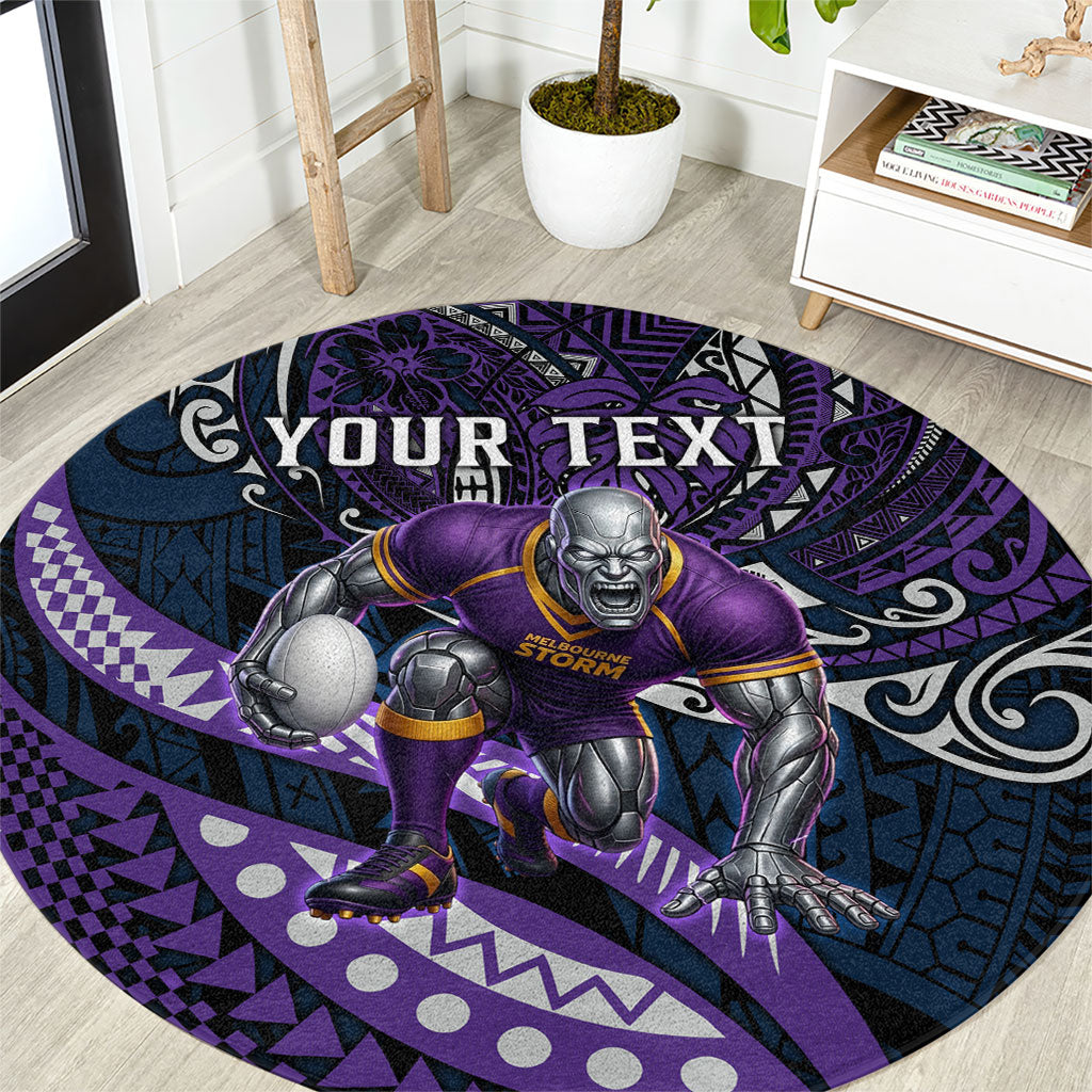 Personalised Melbourne Storm Round Carpet Polynesian Tribal Art Style With Cyborg Storm Mascot