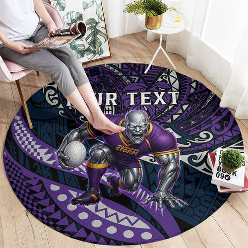 Personalised Melbourne Storm Round Carpet Polynesian Tribal Art Style With Cyborg Storm Mascot