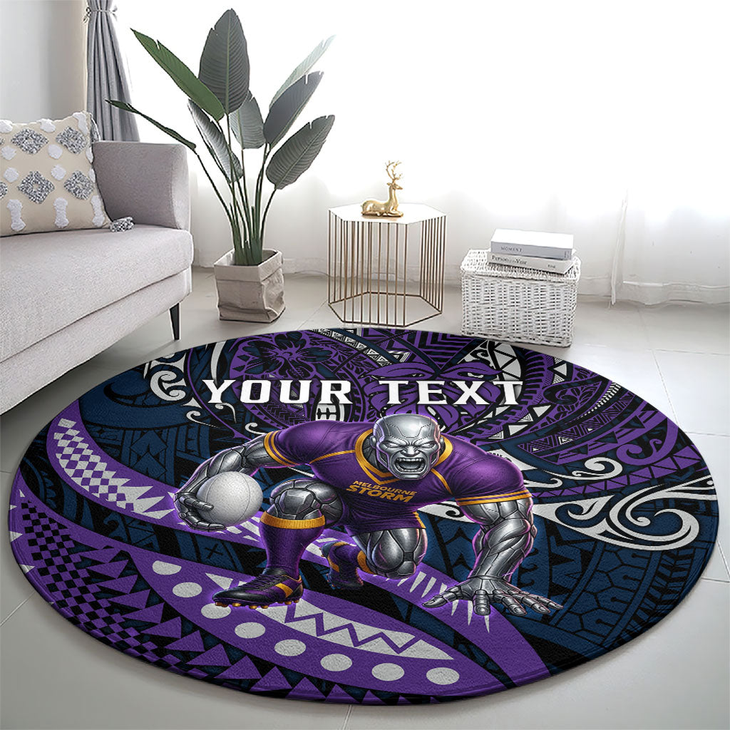 Personalised Melbourne Storm Round Carpet Polynesian Tribal Art Style With Cyborg Storm Mascot