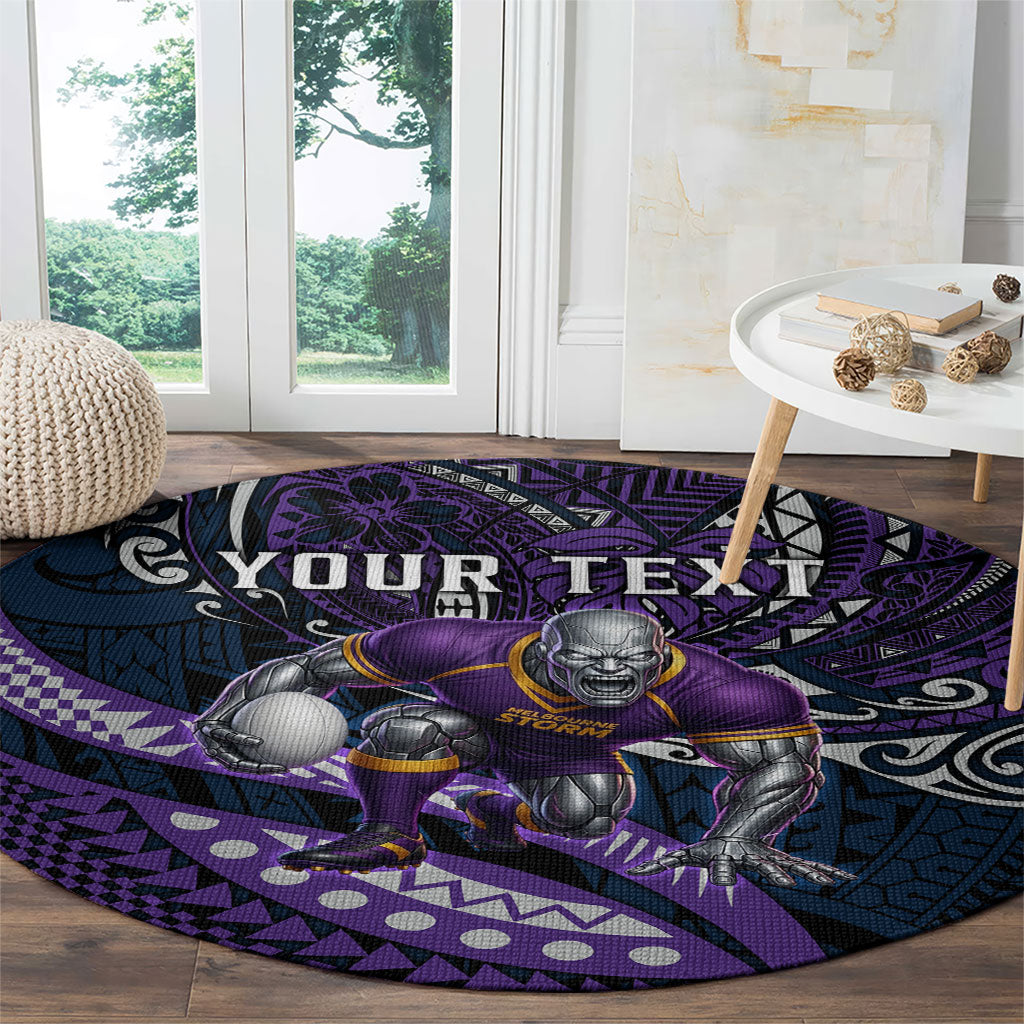 Personalised Melbourne Storm Round Carpet Polynesian Tribal Art Style With Cyborg Storm Mascot
