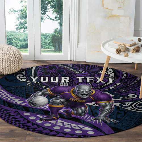 Personalised Melbourne Storm Round Carpet Polynesian Tribal Art Style With Cyborg Storm Mascot