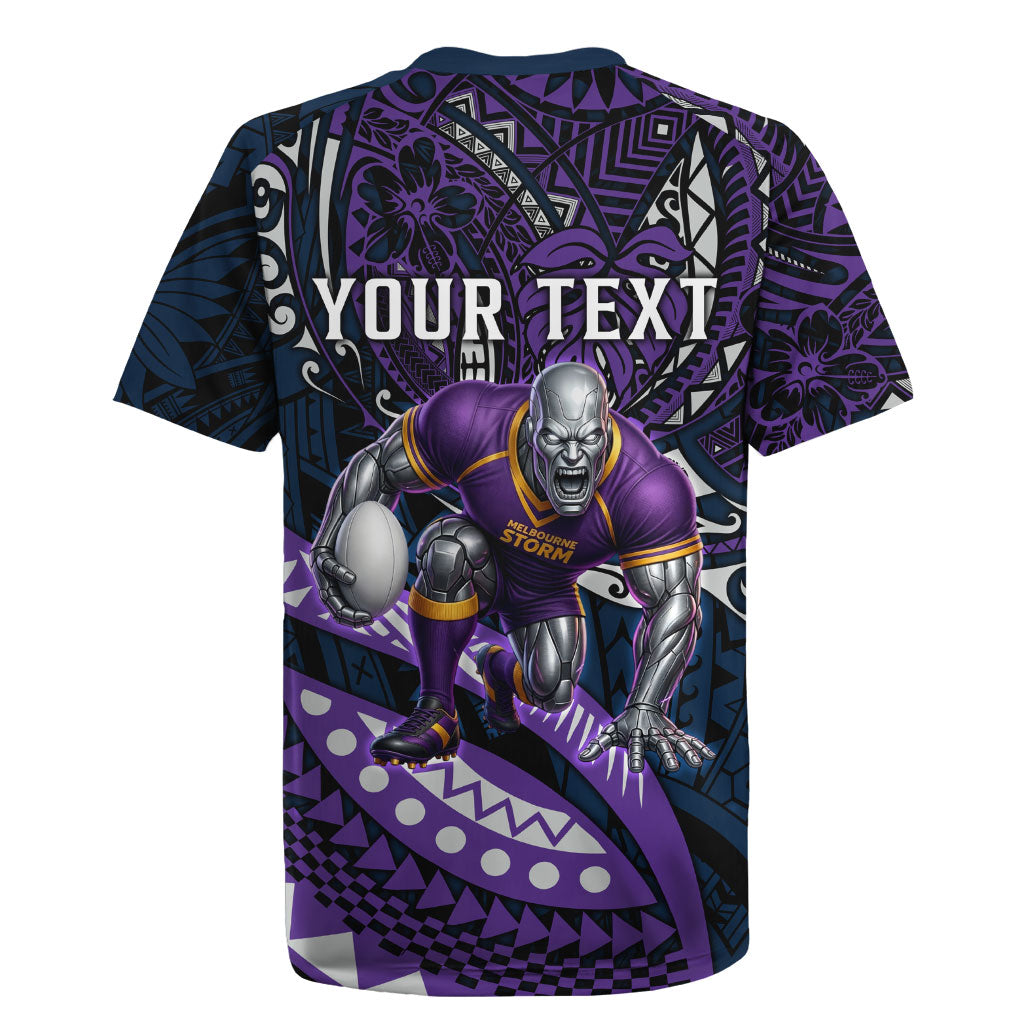 Personalised Melbourne Storm Rugby Jersey Polynesian Tribal Art Style With Cyborg Storm Mascot