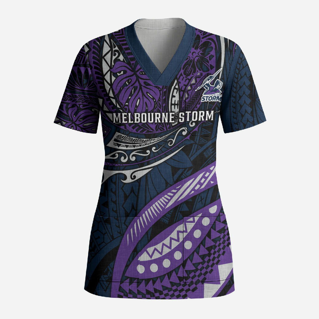 Personalised Melbourne Storm Scrub Top Polynesian Tribal Art Style With Cyborg Storm Mascot