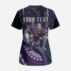 Personalised Melbourne Storm Scrub Top Polynesian Tribal Art Style With Cyborg Storm Mascot