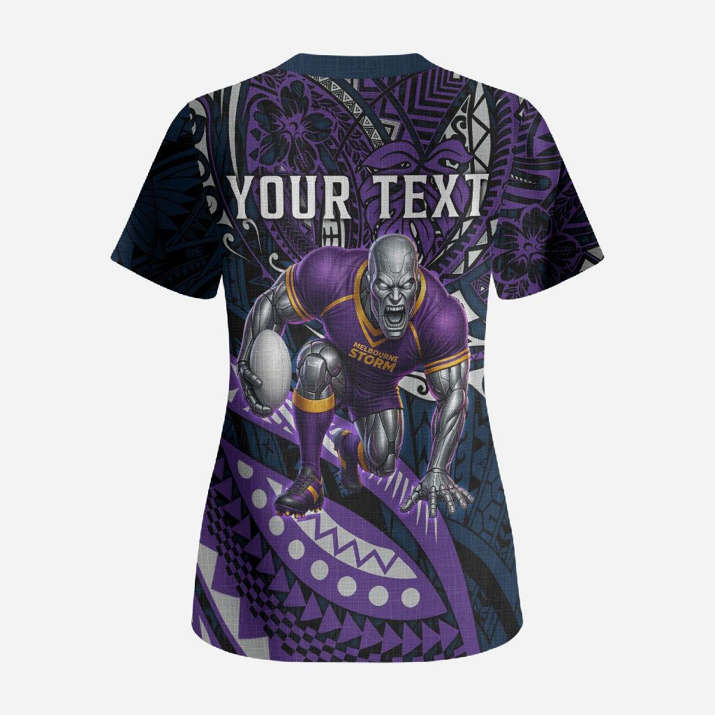 Personalised Melbourne Storm Scrub Top Polynesian Tribal Art Style With Cyborg Storm Mascot