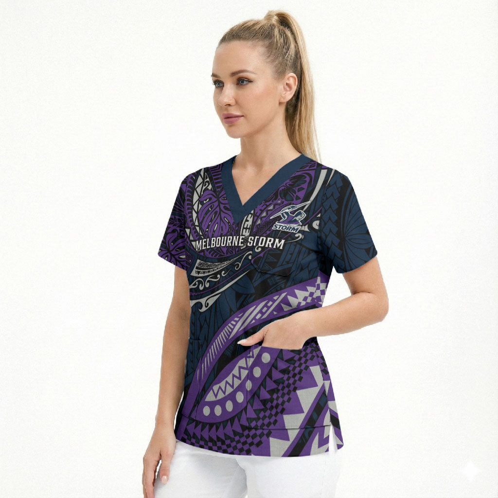Personalised Melbourne Storm Scrub Top Polynesian Tribal Art Style With Cyborg Storm Mascot