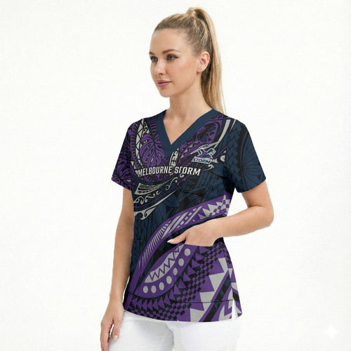 Personalised Melbourne Storm Scrub Top Polynesian Tribal Art Style With Cyborg Storm Mascot