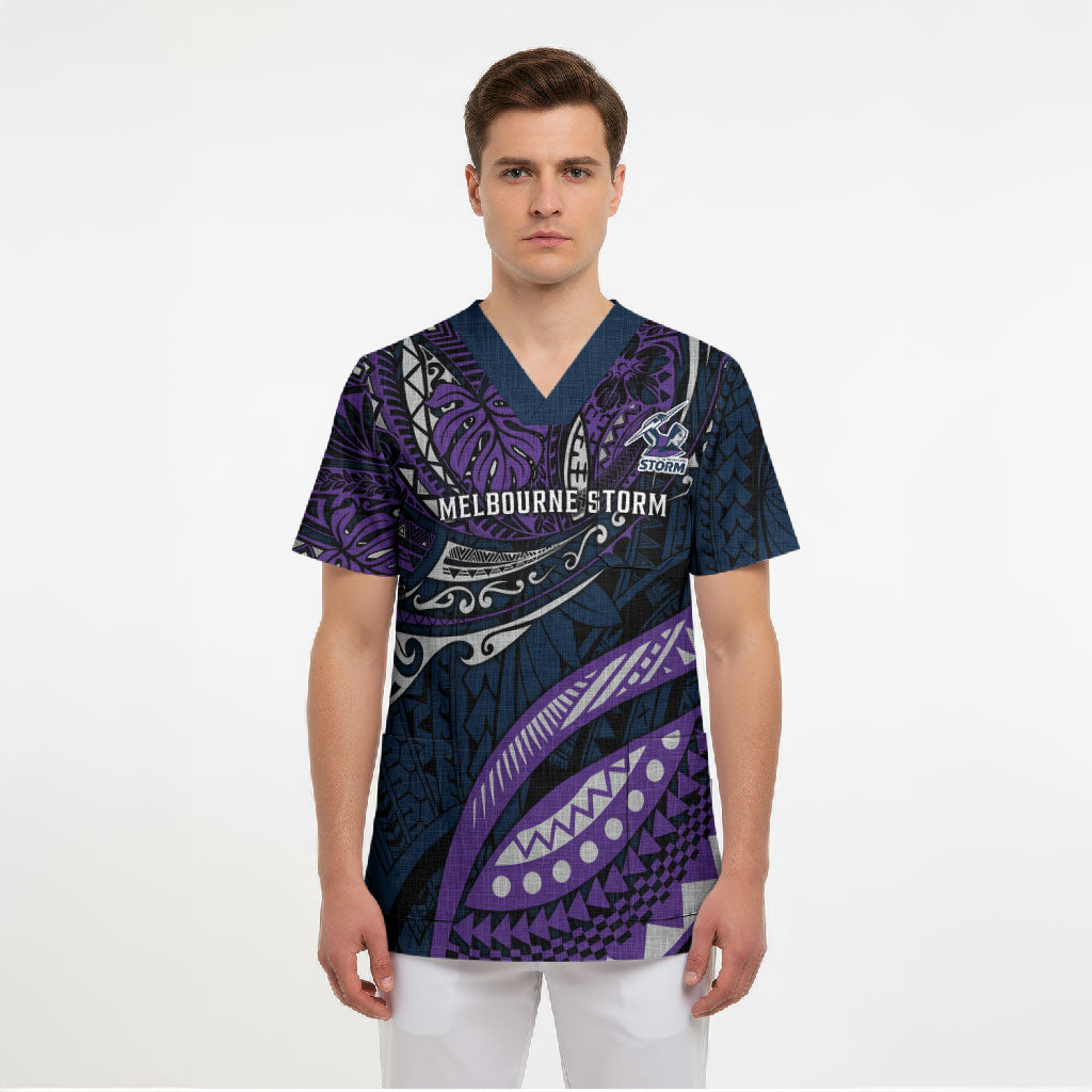 Personalised Melbourne Storm Scrub Top Polynesian Tribal Art Style With Cyborg Storm Mascot