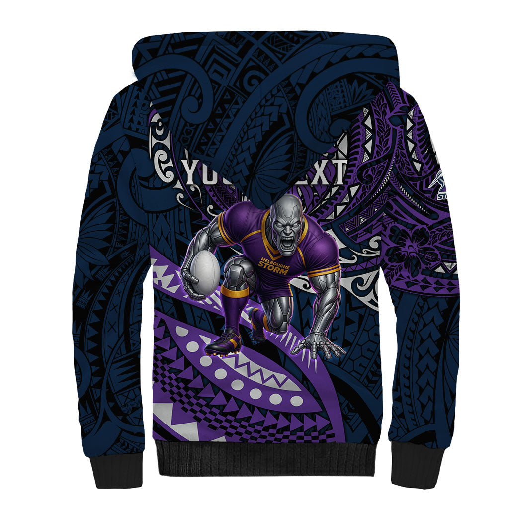 Personalised Melbourne Storm Sherpa Hoodie Polynesian Tribal Art Style With Cyborg Storm Mascot