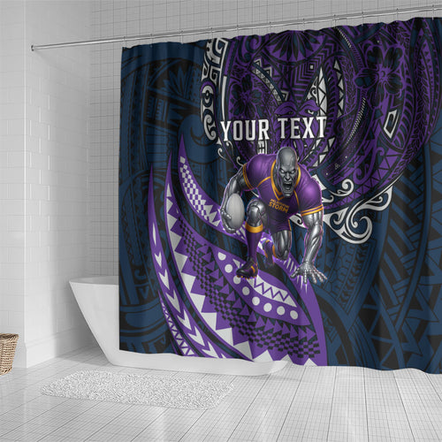 Personalised Melbourne Storm Shower Curtain Polynesian Tribal Art Style With Cyborg Storm Mascot
