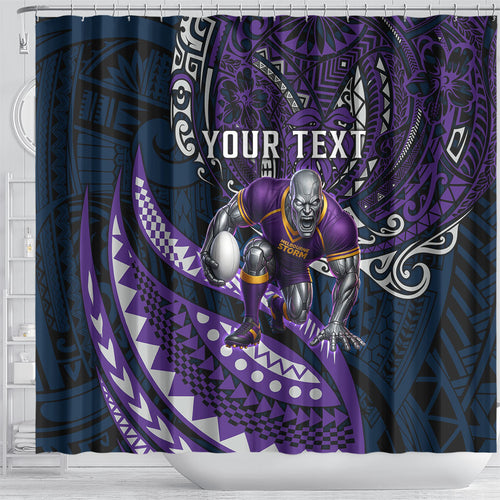 Personalised Melbourne Storm Shower Curtain Polynesian Tribal Art Style With Cyborg Storm Mascot