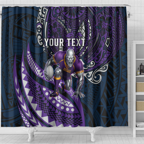 Personalised Melbourne Storm Shower Curtain Polynesian Tribal Art Style With Cyborg Storm Mascot