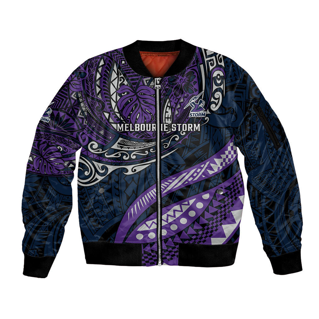 Personalised Melbourne Storm Sleeve Zip Bomber Jacket Polynesian Tribal Art Style With Cyborg Storm Mascot