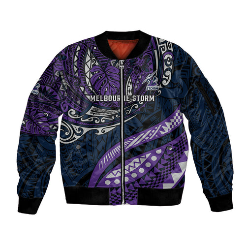 Personalised Melbourne Storm Sleeve Zip Bomber Jacket Polynesian Tribal Art Style With Cyborg Storm Mascot