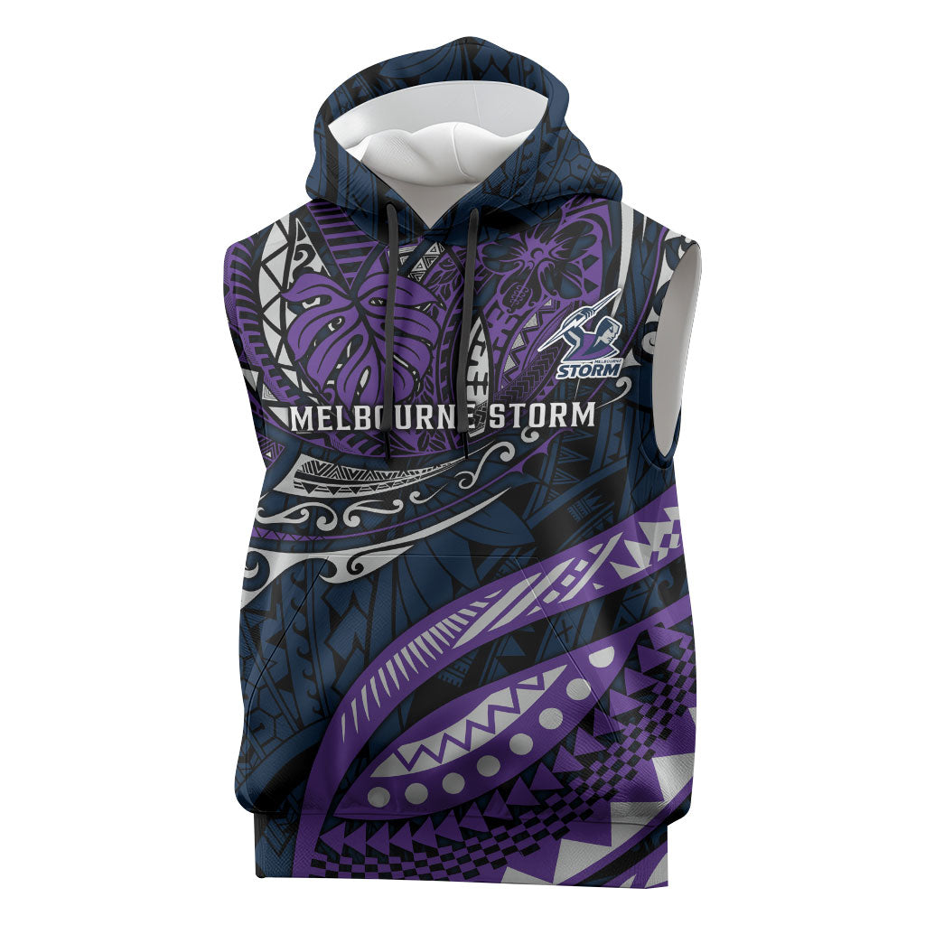 Personalised Melbourne Storm Sleeveless Hoodie Polynesian Tribal Art Style With Cyborg Storm Mascot