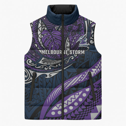 Personalised Melbourne Storm Sleeveless Puffer Jacket Polynesian Tribal Art Style With Cyborg Storm Mascot