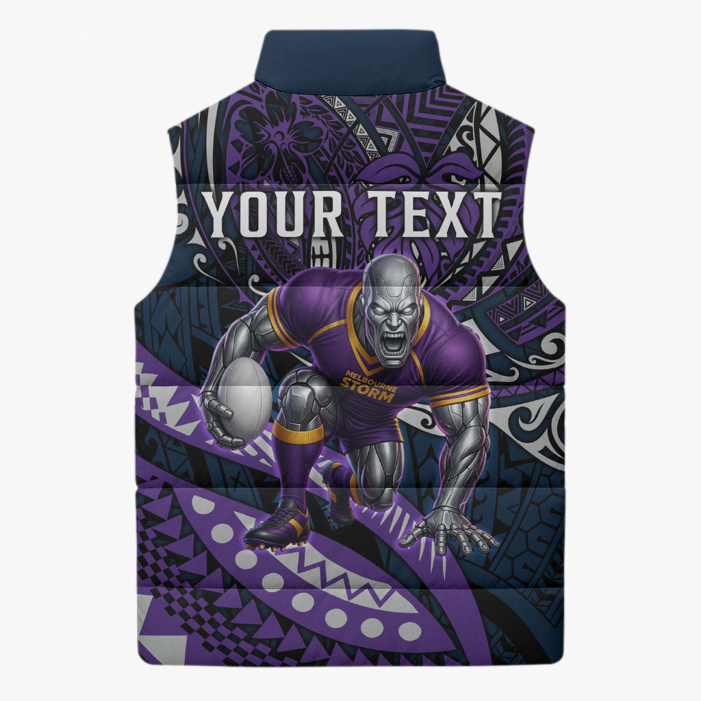 Personalised Melbourne Storm Sleeveless Puffer Jacket Polynesian Tribal Art Style With Cyborg Storm Mascot
