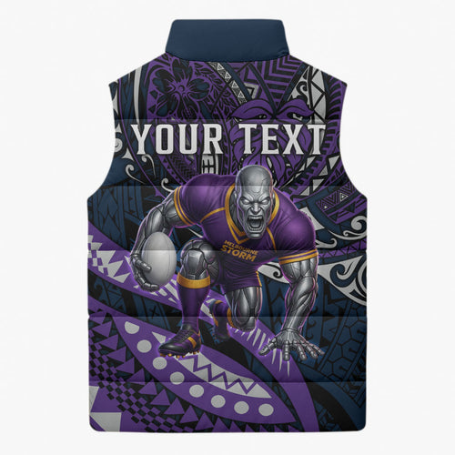 Personalised Melbourne Storm Sleeveless Puffer Jacket Polynesian Tribal Art Style With Cyborg Storm Mascot