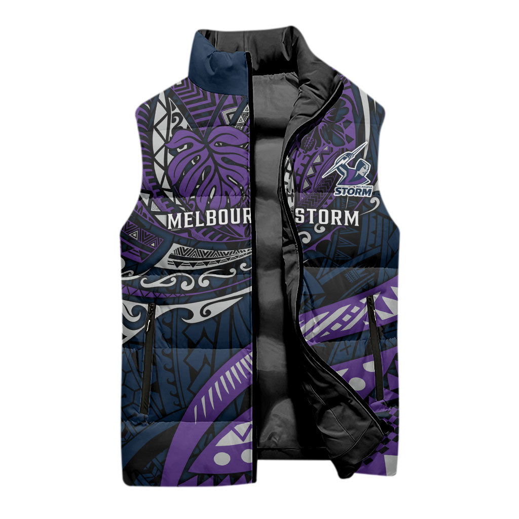 Personalised Melbourne Storm Sleeveless Puffer Jacket Polynesian Tribal Art Style With Cyborg Storm Mascot