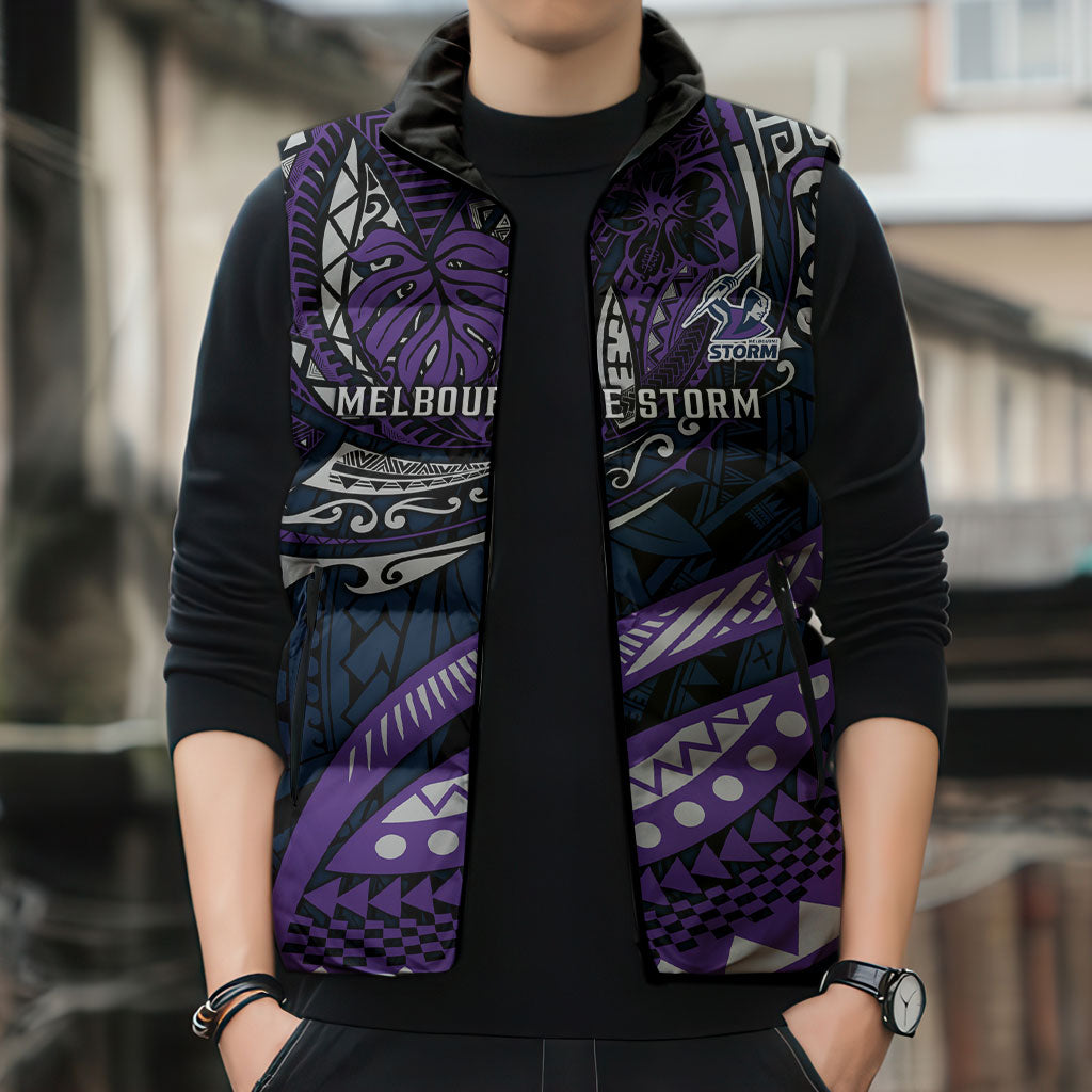 Personalised Melbourne Storm Sleeveless Puffer Jacket Polynesian Tribal Art Style With Cyborg Storm Mascot