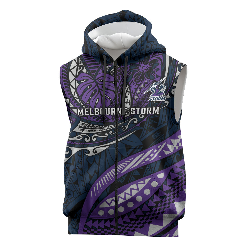 Personalised Melbourne Storm Sleeveless Zip Hoodie Polynesian Tribal Art Style With Cyborg Storm Mascot