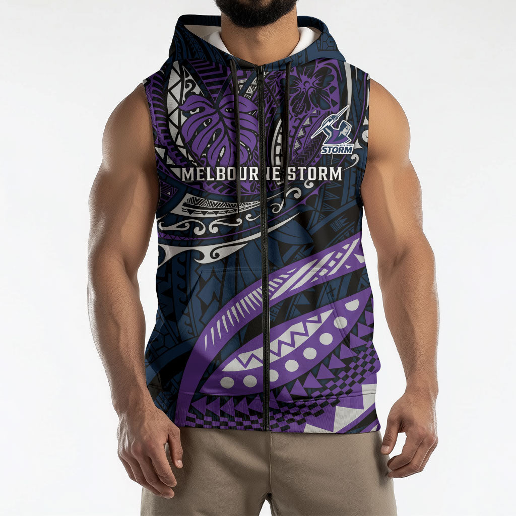 Personalised Melbourne Storm Sleeveless Zip Hoodie Polynesian Tribal Art Style With Cyborg Storm Mascot