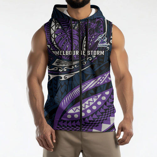 Personalised Melbourne Storm Sleeveless Zip Hoodie Polynesian Tribal Art Style With Cyborg Storm Mascot