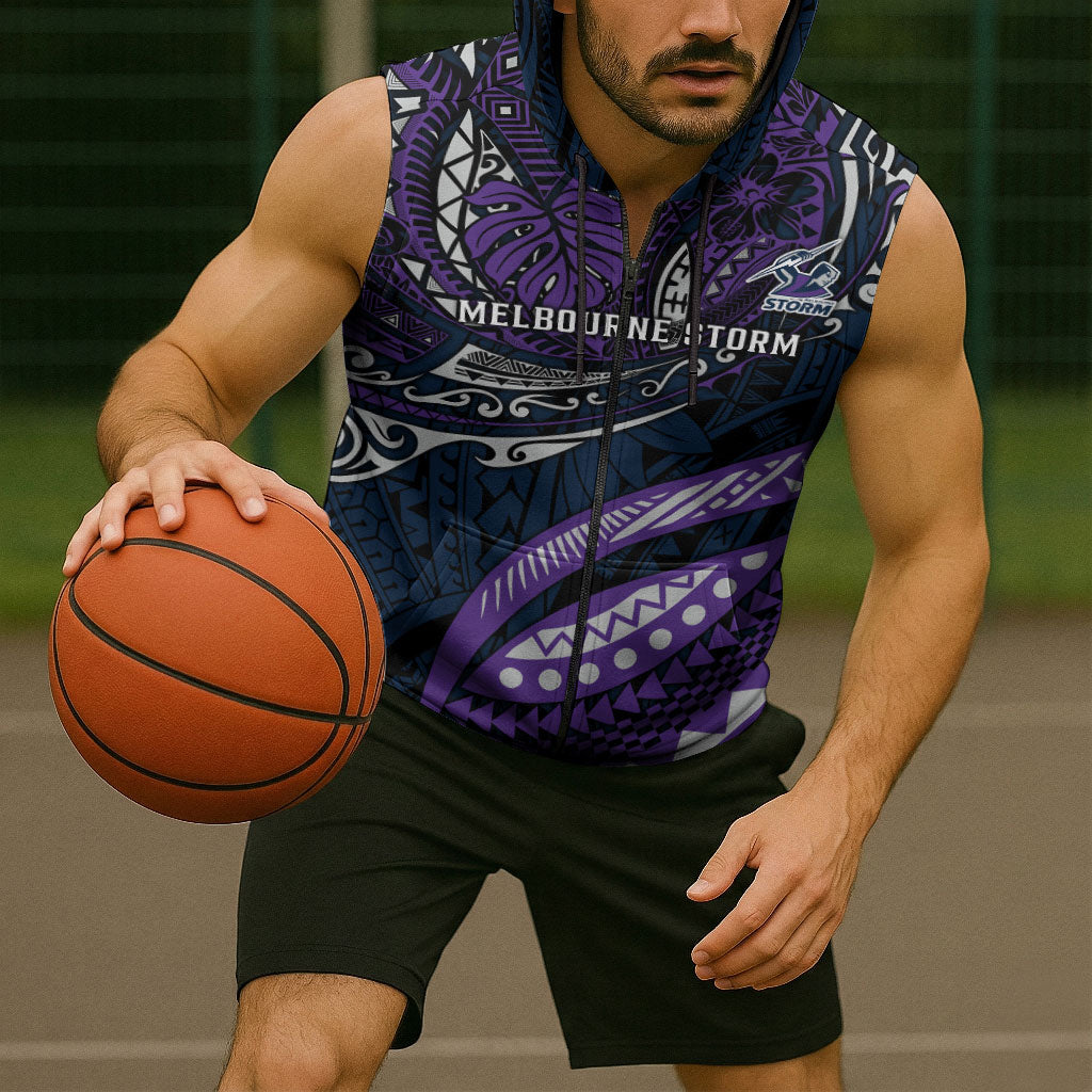 Personalised Melbourne Storm Sleeveless Zip Hoodie Polynesian Tribal Art Style With Cyborg Storm Mascot