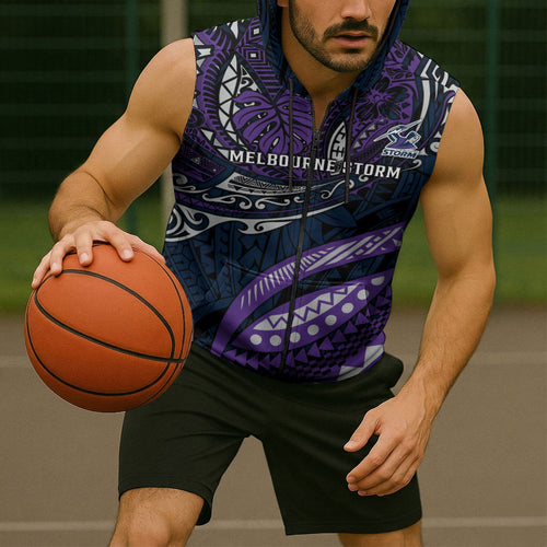 Personalised Melbourne Storm Sleeveless Zip Hoodie Polynesian Tribal Art Style With Cyborg Storm Mascot