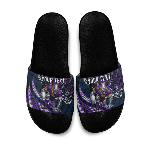 Personalised Melbourne Storm Slide Sandals Polynesian Tribal Art Style With Cyborg Storm Mascot