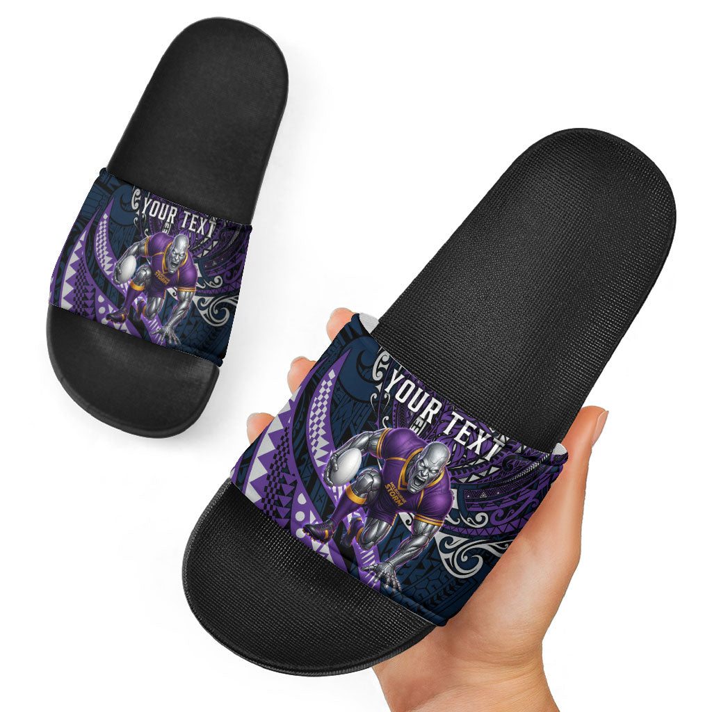 Personalised Melbourne Storm Slide Sandals Polynesian Tribal Art Style With Cyborg Storm Mascot