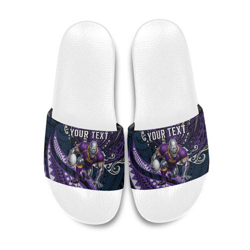 Personalised Melbourne Storm Slide Sandals Polynesian Tribal Art Style With Cyborg Storm Mascot