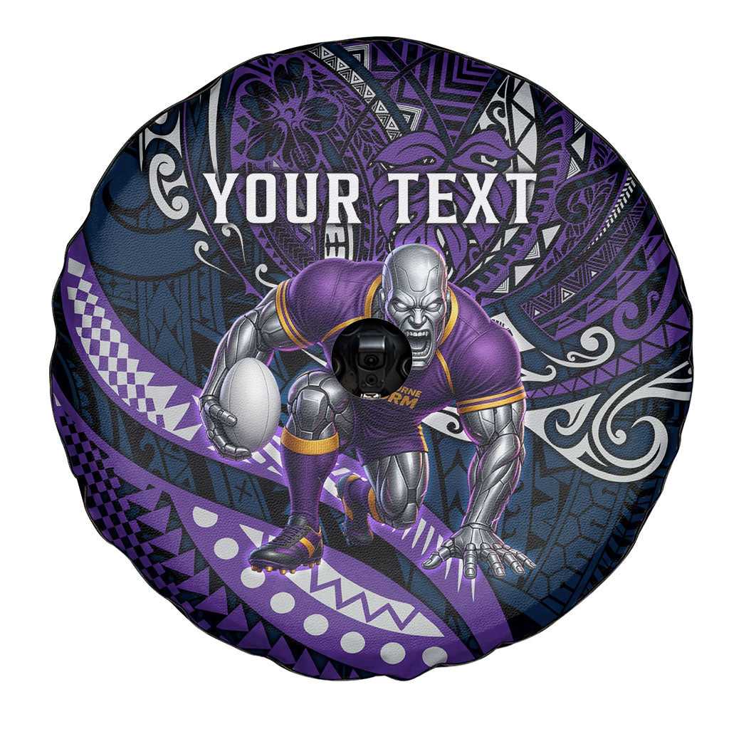 Personalised Melbourne Storm Spare Tire Cover Polynesian Tribal Art Style With Cyborg Storm Mascot