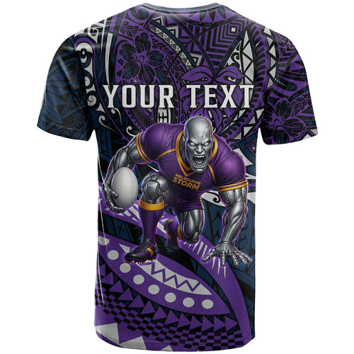 Personalised Melbourne Storm T Shirt Polynesian Tribal Art Style With Cyborg Storm Mascot