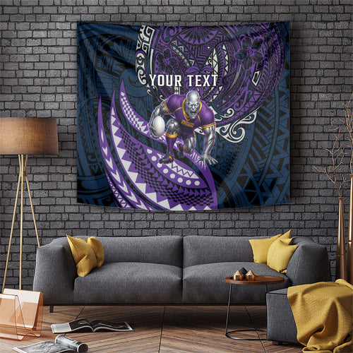 Personalised Melbourne Storm Tapestry Polynesian Tribal Art Style With Cyborg Storm Mascot